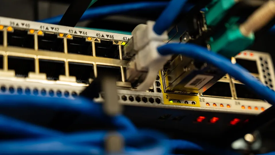 Blue ethernet cables plugged into the ports of a network switch